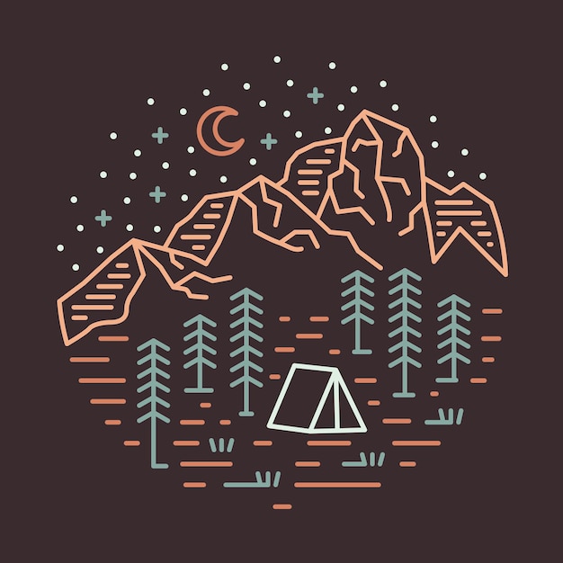 야간 그래픽 일러스트레이션 벡터 아트 티셔츠 디자인을 잘 볼 수 있는 중간 숲에서 캠핑