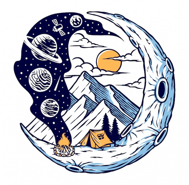 Camping on the moon illustration