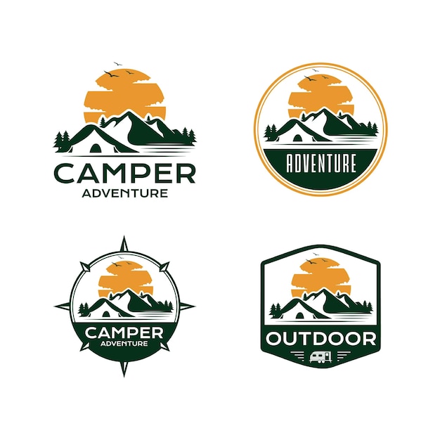 キャンプマウンテンアドベンチャーエンブレムとバッジのロゴデザインテンプレート