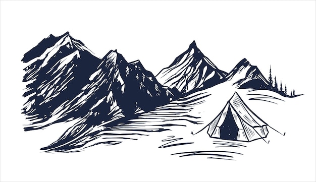 Camping, Mountain landscape, sketch style, vector illustrations.