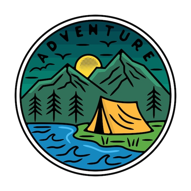 Vector camping on the mountain monoline outdoor badge design