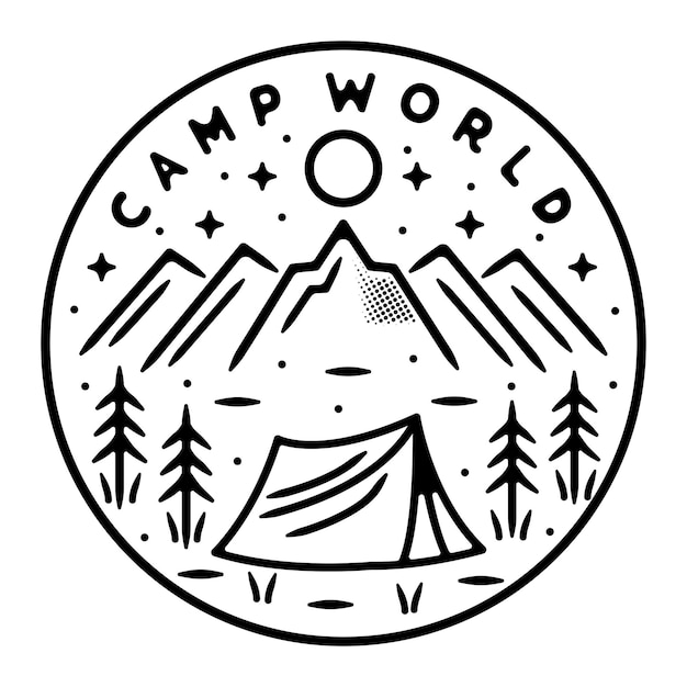 Vector camping on the mountain monoline outdoor badge design