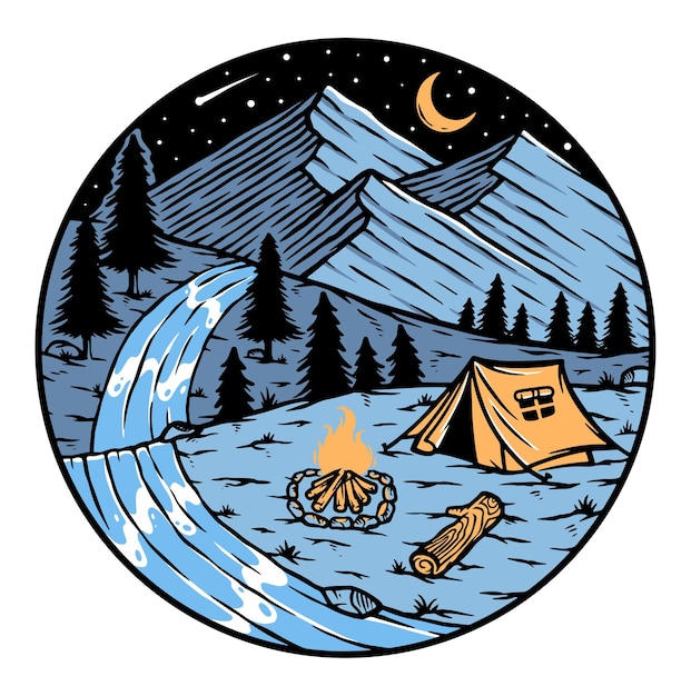 Camping in the mountains at night badge