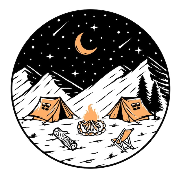 Campeggio in montagna di notte illustrazione