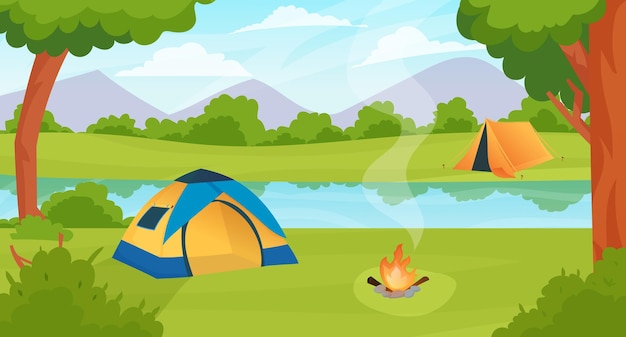 Camping in the mountains summer camp in forest with bonfire, tent vector cartoon landscape