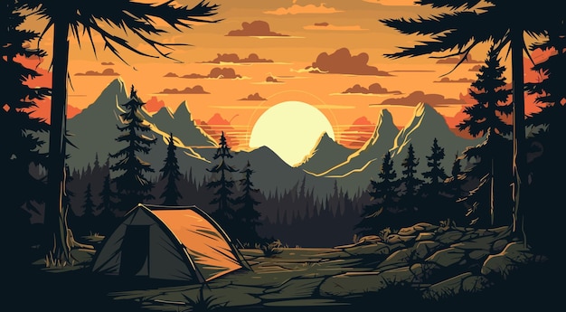 camping in the mountains sunset scene vector illustration