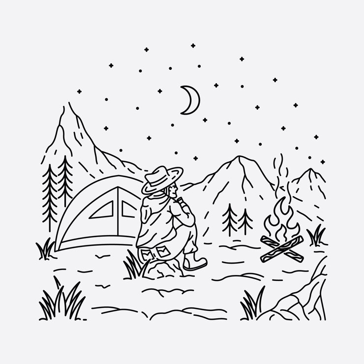 Vector camping nature adventure wild line graphic illustration art t-shirt design