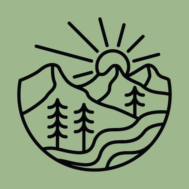 Campeggio natura avventura montagna selvaggia linea distintivo patch pin illustrazione grafica t-shirt design