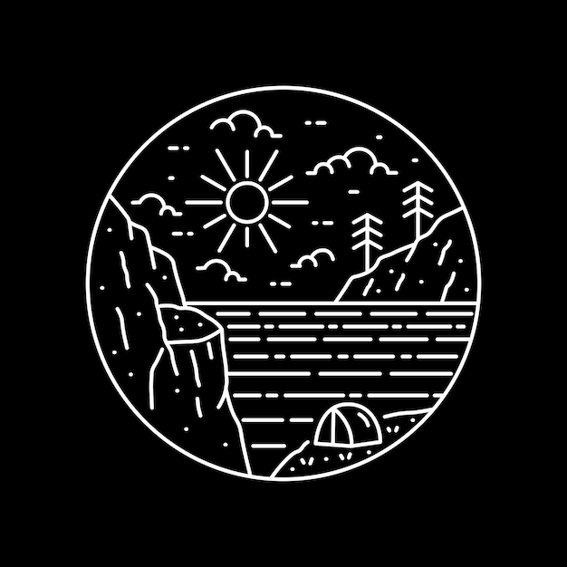 Camping nature on the lake with cliff and small island in mono\
line art patch badge design emblem design tshirt design