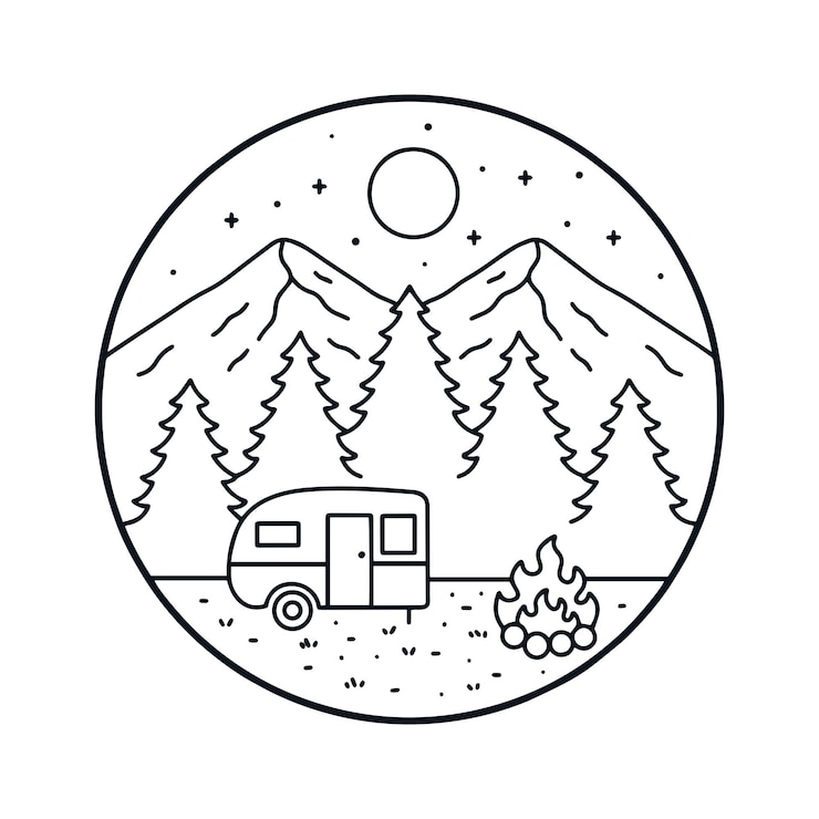 Vector camping on the nature in mono line art for t shirt patch badge design