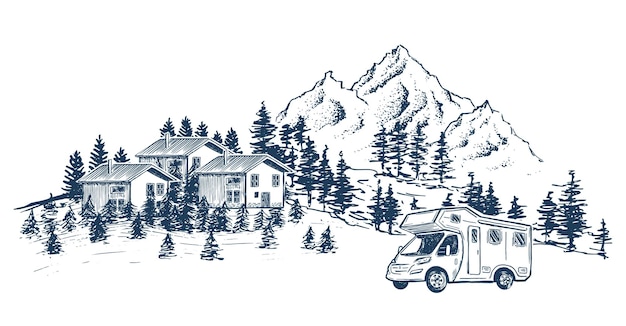 Camping in nature motor home Mountain landscape hand drawn style vector illustrations