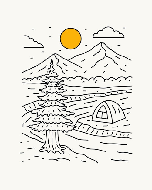 Campeggio e natura montagna mono line art illustrazione vettoriale senza colore