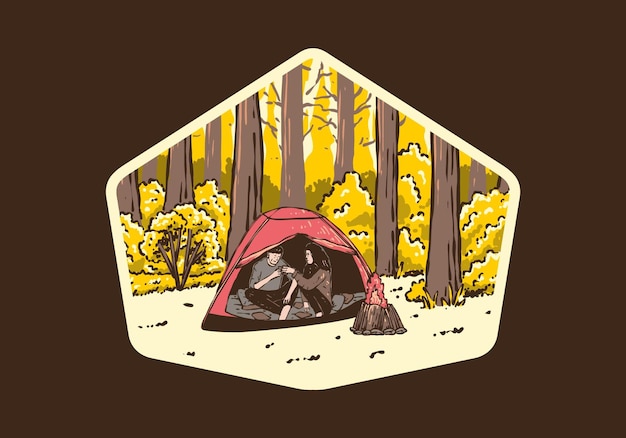 Camping in nature with partner vintage outdoor illustration