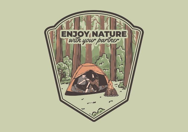 Camping in natura con il partner illustrazione vintage all'aperto