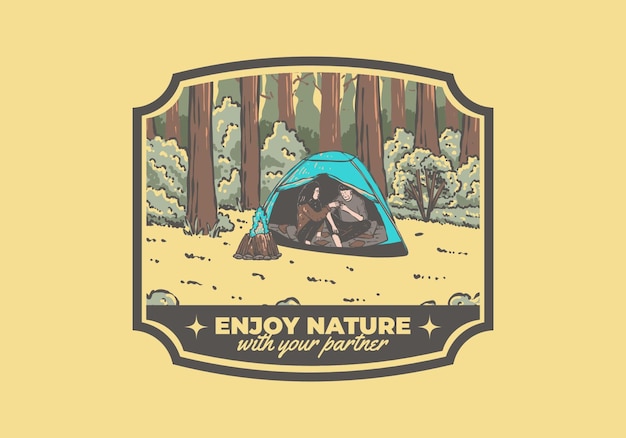 Camping in nature with partner vintage outdoor illustration