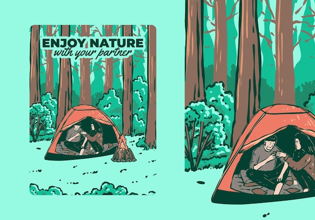 Camping in nature with partner Vintage outdoor illustration