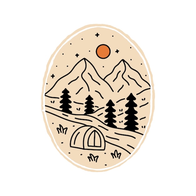 Camping nature with sunrise view in mono line vector design for badge sticker patch t shirt vector design