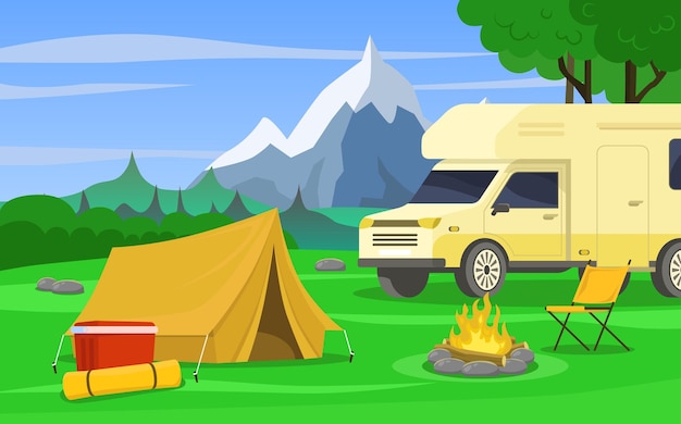 camping in nature with a trailer rest in the forest with a tent accessories for traveling in natur