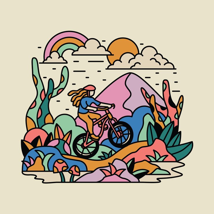 Vector camping natuur avontuur fietser wilde berg kleurrijke grafische illustratie kunst t-shirt design
