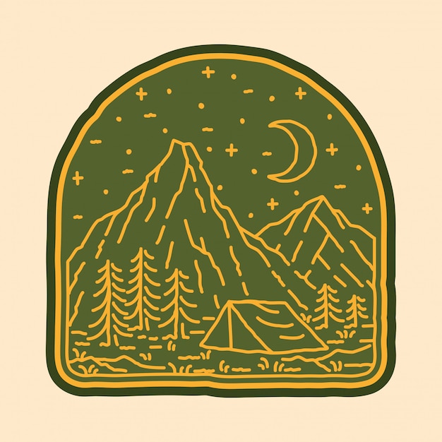 Camping natuur avontuur wilde lijn badge patch pin grafische illustratie