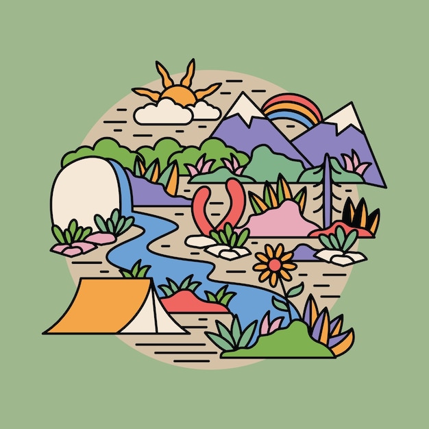 Camping natuur avontuur wilde rivier berg kleurrijke grafische illustratie kunst t-shirt design