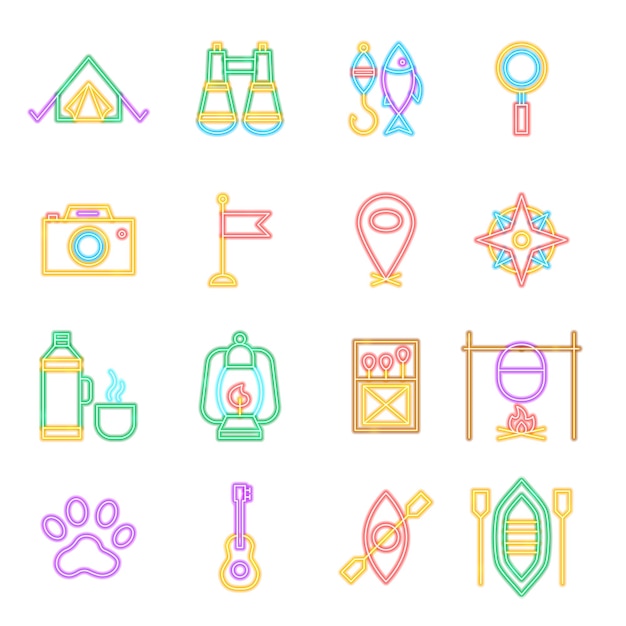 Camping Neon Icons Isolated Vector Illustration of Glowing Bright Led Lamp over White Symbols