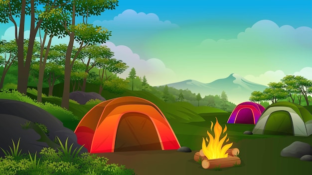 Campeggio notturno nella valle delle montagne con diverse tende, falò, alberi, paesaggio