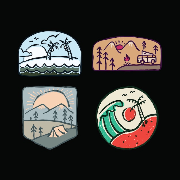 Camping outdoor nature wild badge patch pin graphic illustration  set group