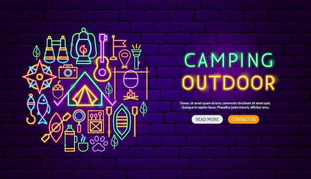 Camping outdoor neon banner design. vector illustration of camp promotion.