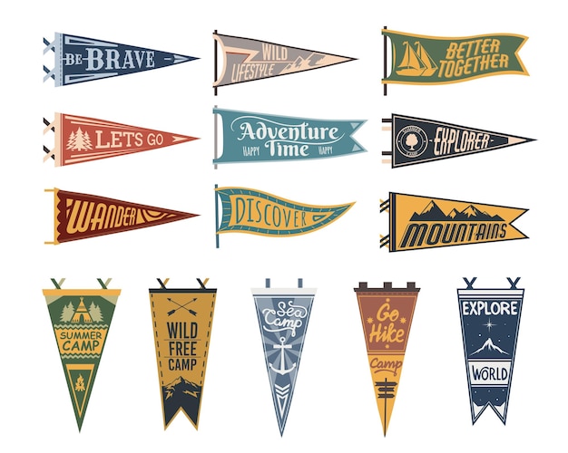 Vector camping pennant flags camp hiking sport pendants