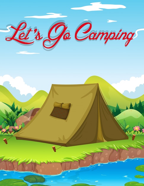 Camping poster con tenda vicino al fiume