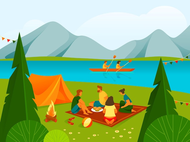 Vector camping or rest in forest or parkland banner