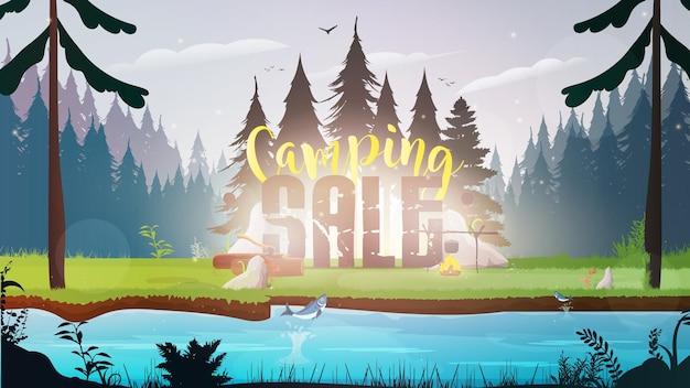 Vector camping sale banner. forest with a river.