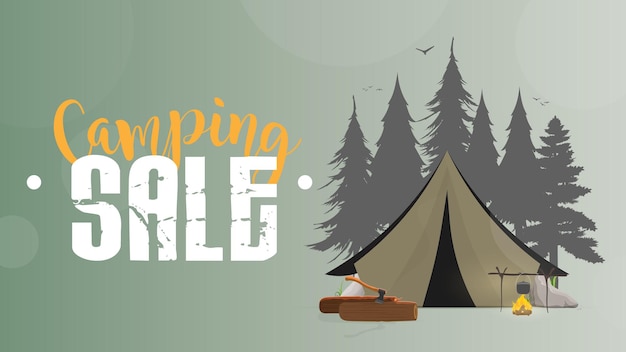 キャンプセール。緑のバナー。テント、シルエットの森、焚き火、丸太、斧、テント、川、木。図