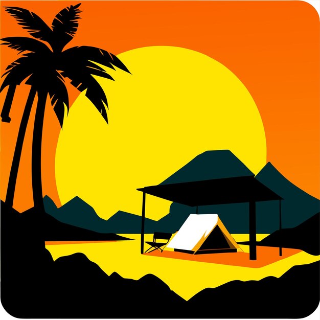 Vector camping on the sea beach island with palm tree leaves background