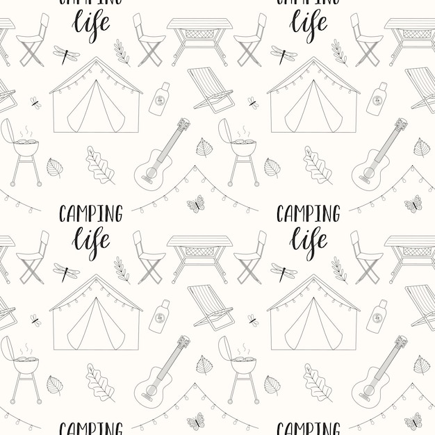 Camping seamless pattern travel equipment and gear hand drawn outline hiking elements and lettering doodle backdrop for website banner textile packaging design vector illustration on white