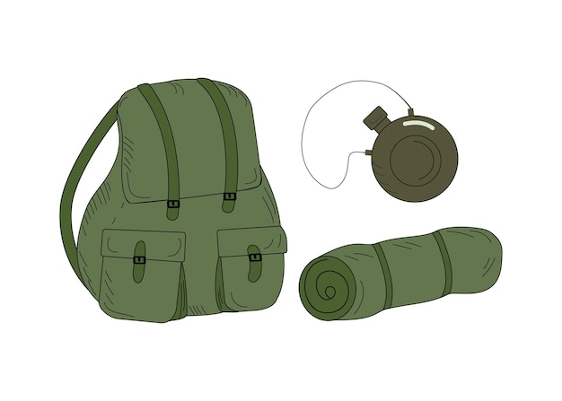 Кемпинговый набор для туриста-любителя. Рюкзак, коврик для сна, фляга для воды. Рисунки в стиле милитари.