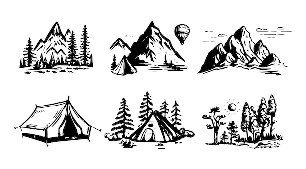 Camping set Berglandschap hand getrokken stijl vector illustratie