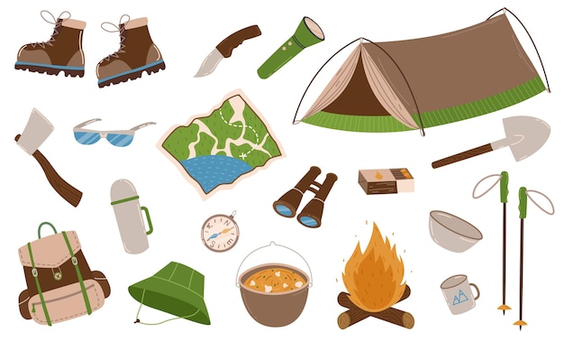 Camping set hand drawn elements tent campfire map backpack Vector illustration object for expedition