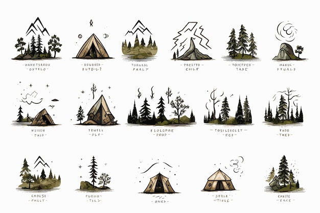 Vector camping set mountain landscape hand drawn style vector illustration