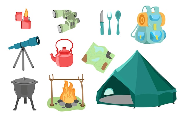 Походный набор с палаткой, костром, биноклем, чайником, картой, рюкзаком, телескопом, котлом. векторный набор.
