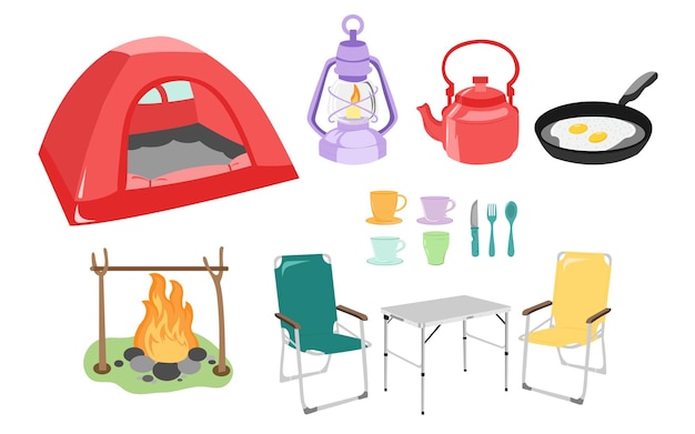 Vector camping set with tent, oil lamp, cup, spoon, knife, fork, folding chair, folding table, bonfire.