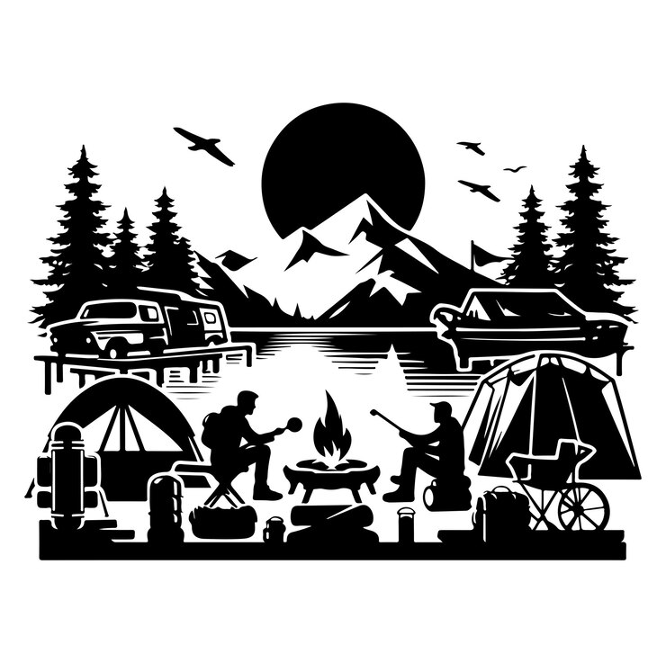 Vector 캠핑 실루 색 배경에 고립 된 검은색 색상
