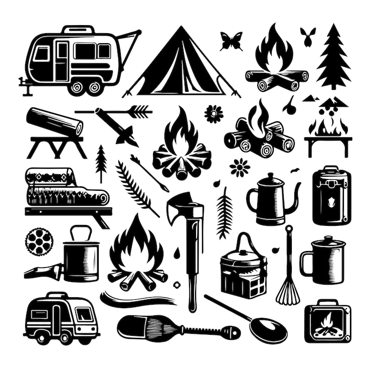 Vector camping silhouette set vector op witte achtergrond
