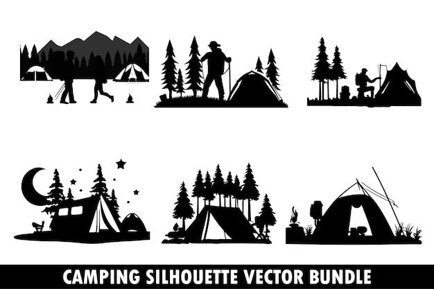 Vettore di silhouette da campeggio design del pacchetto vettoriale di silhouette da campeggio arte della silhouette avventura all'aria aperta