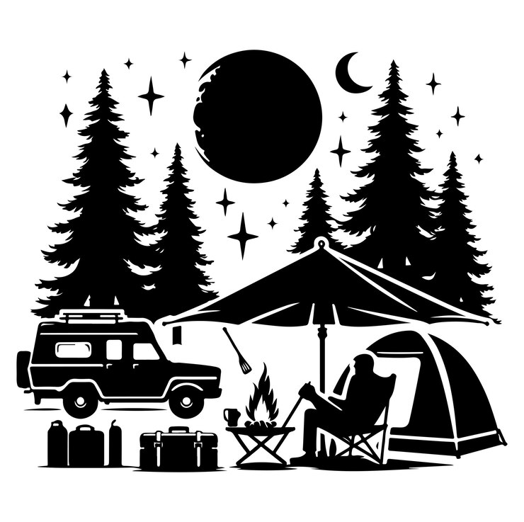 Vector camping silhouette zwarte kleur geïsoleerd op witte achtergrond