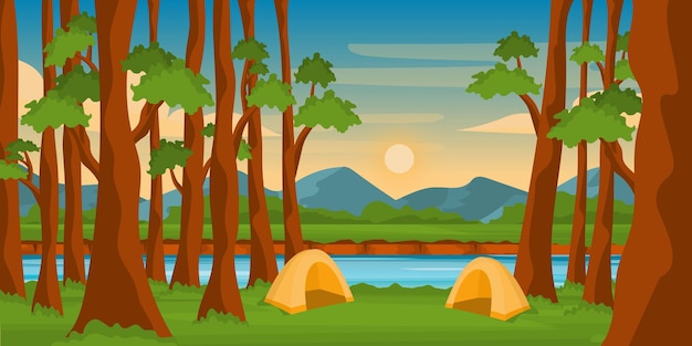 Vector a camping site with beautiful trees background vector