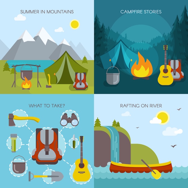 Vector camping square illustration concept set