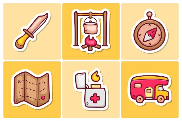 Camping sticker icons doodle coloring vector