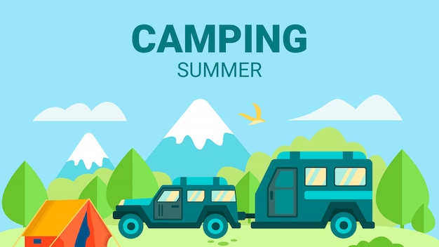 Camping in summer advertising flat design card